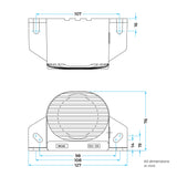 Line drawing of the Brigade SA-BBS-97 reverse alarm, top and front views showing 127mm overall width, 98 to 108mm slotted mounting hole centres and 76mm height