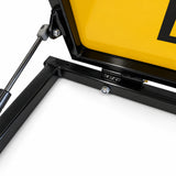 Close-up of the sign pivot and gas strut mount on the powder coated steel base frame