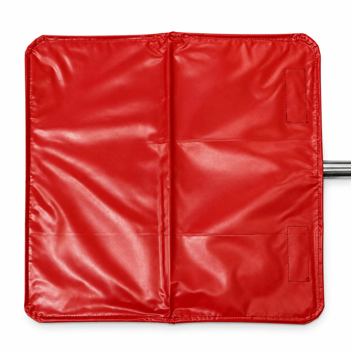 Red stop slow bat cover closed over a 450mm bat head, with the metal handle extending to the side