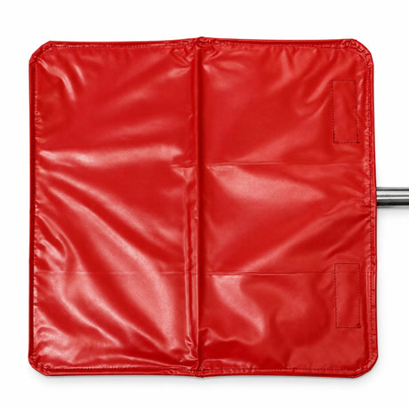 Red stop slow bat cover closed over a 450mm bat head, with the metal handle extending to the side
