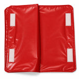 Open red stop slow bat cover showing the four hook-and-loop closure tabs