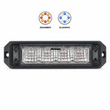Black surface mount LED warning light head shown below two colour swatches, red and amber, and blue and white, each swatch showing the eight LED arrangement