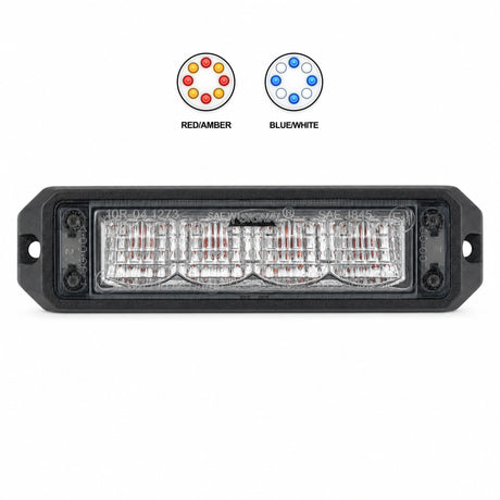 Black surface mount LED warning light head shown below two colour swatches, red and amber, and blue and white, each swatch showing the eight LED arrangement