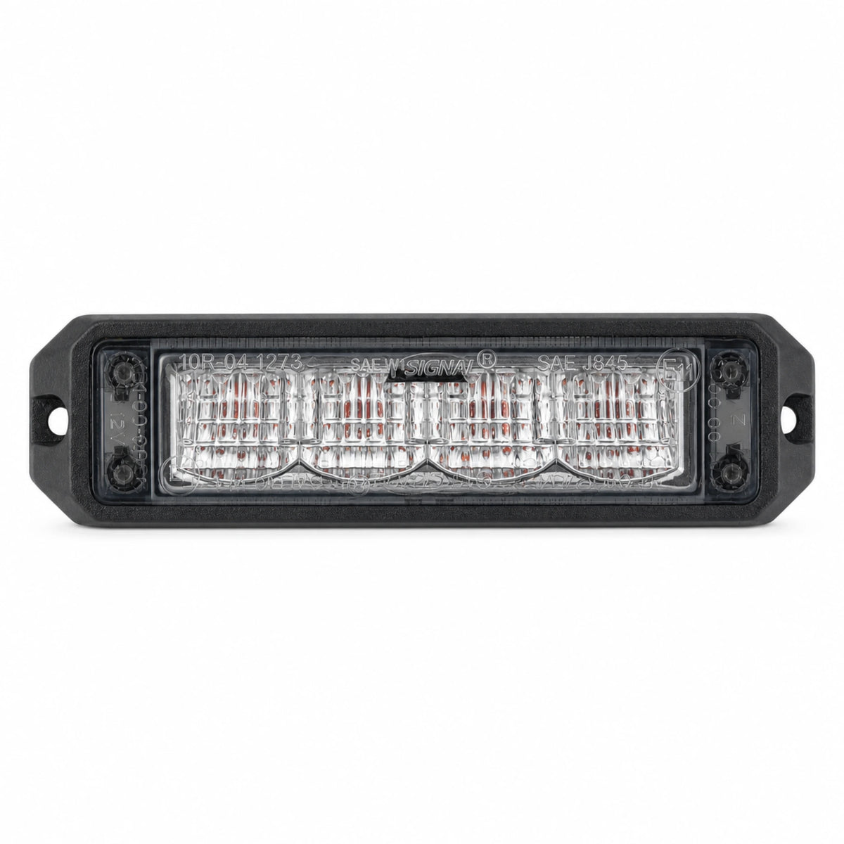 Front view of a black surface mount LED warning light head with four clear reflector cells and a screw fixing lug at each end
