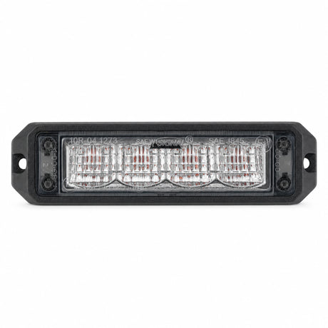 Front view of a black surface mount LED warning light head with four clear reflector cells and a screw fixing lug at each end