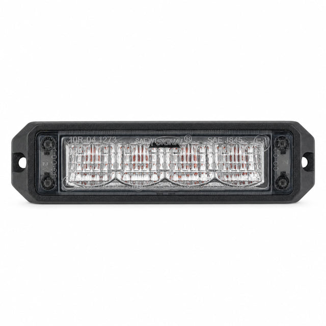 Front view of a black surface mount LED warning light head with four clear reflector cells and a screw fixing lug at each end