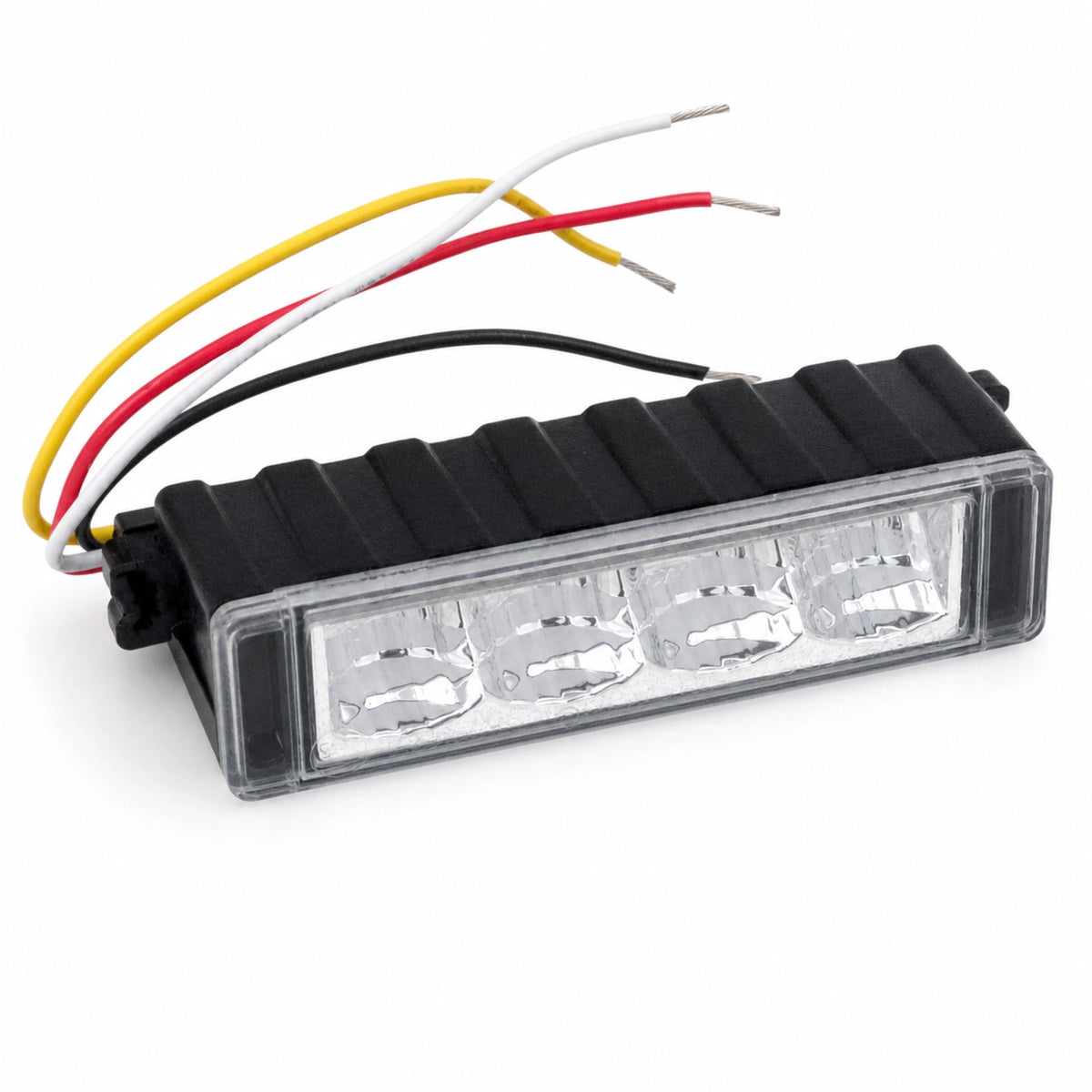 TC4 warning light head with the black surround removed, showing the bare module, the four reflector cells and the four core loom in red, black, white and yellow
