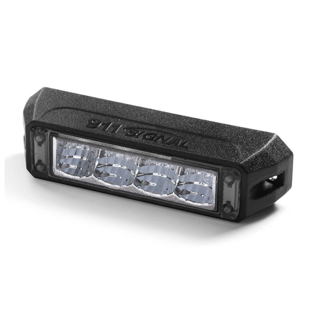 Angled view of the TC4 dual colour LED warning light head showing the textured wedge housing, the 911 Signal moulding and the four reflector cells