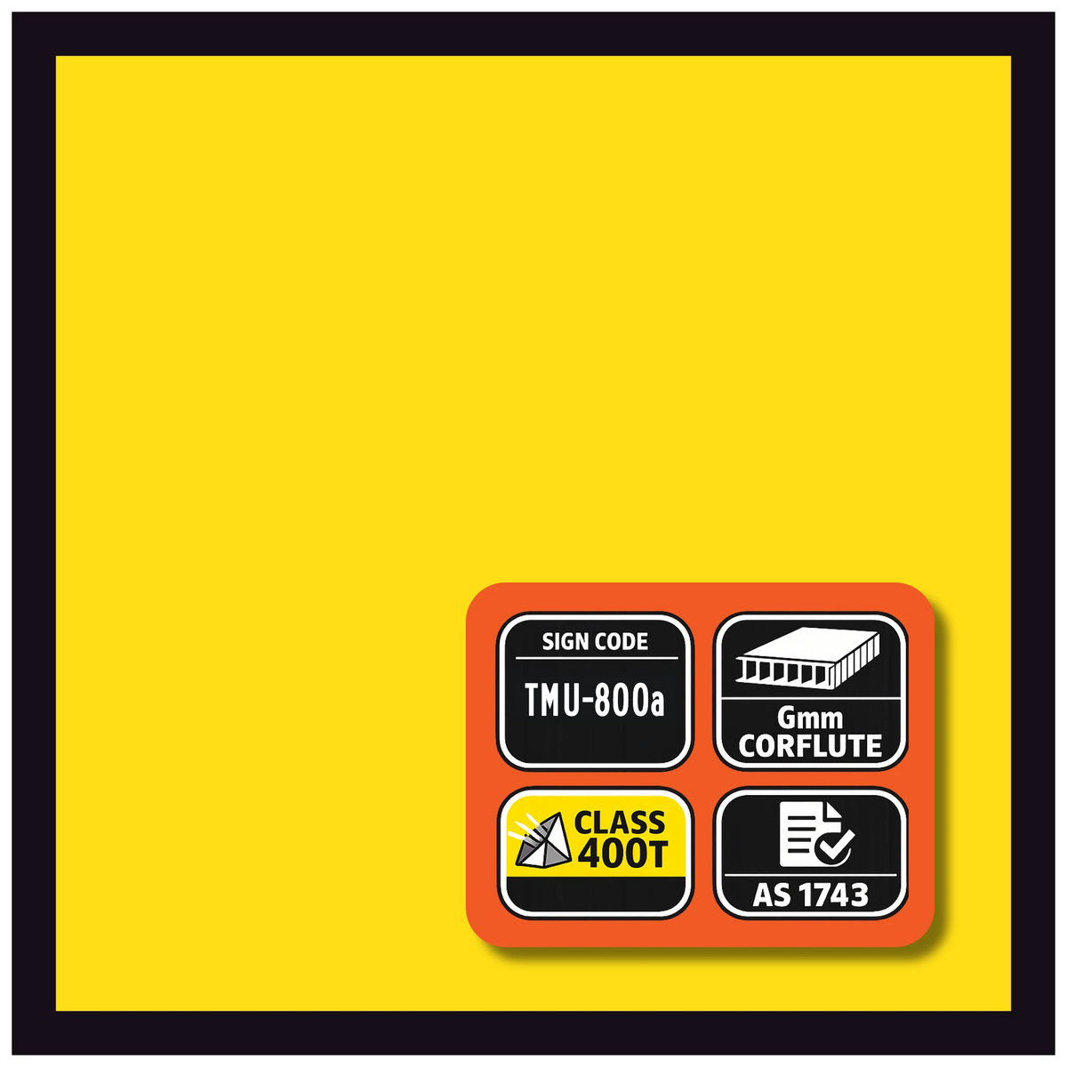 Product label with various certification logos on a yellow background