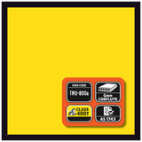 Product label with various certification logos on a yellow background