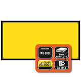 Certification label with various symbols and text on a yellow background