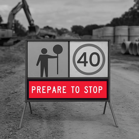 traffic control temporary sign warning of a prepare to stop ahead with machinery in the background