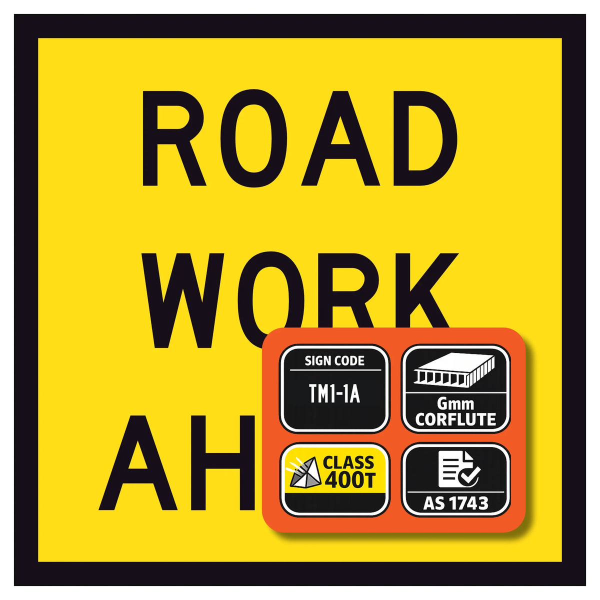 TM1-1A Yellow corflute sign with 'ROAD WORK AHEAD' text on a black border