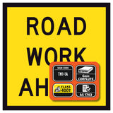 TM1-1A Yellow corflute sign with 'ROAD WORK AHEAD' text on a black border