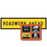 Roadwork ahead sign with technical details on a white background
