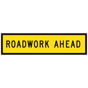 TM1-1B Roadwork ahead traffic sign with yellow background and black text on a white background