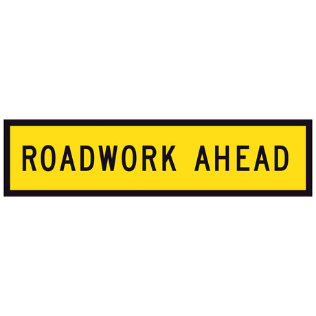 TM1-1B Roadwork ahead traffic sign with yellow background and black text on a white background