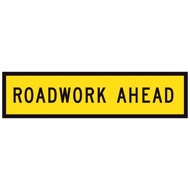 TM1-1B Roadwork ahead traffic sign with yellow background and black text on a white background