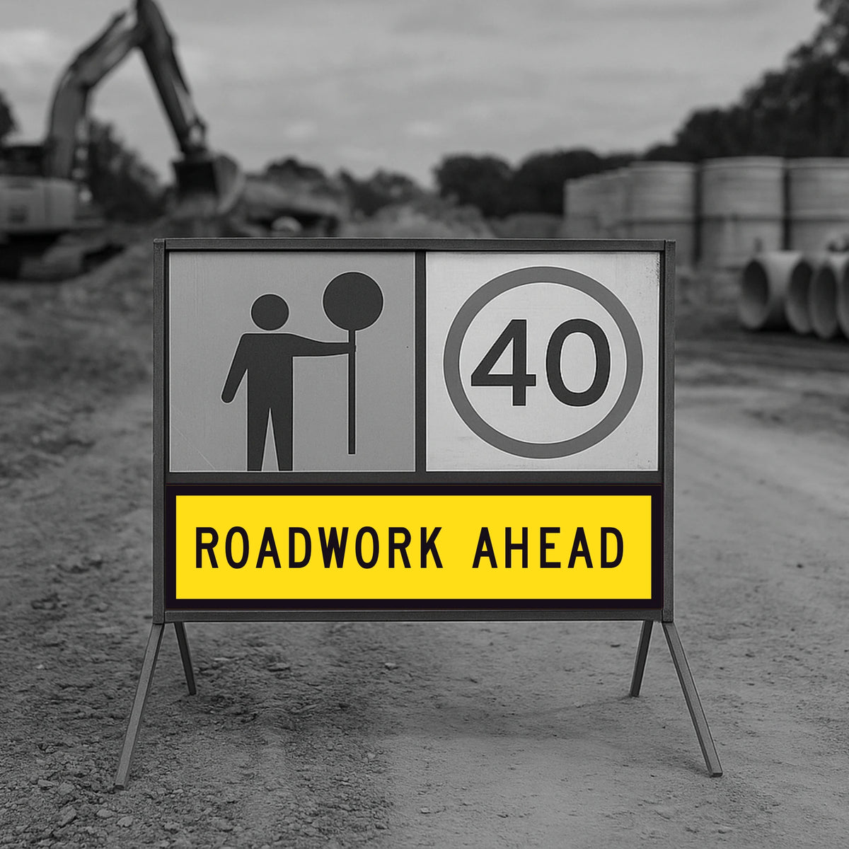 Roadwork ahead sign with construction equipment in the background