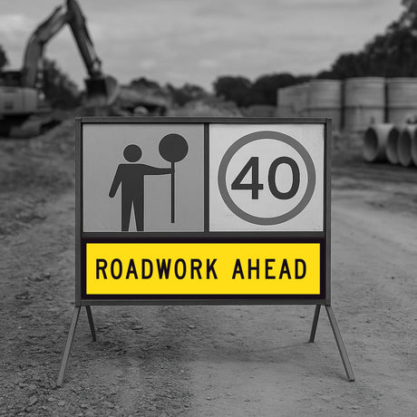 Roadwork ahead sign with construction equipment in the background