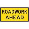 Roadwork Ahead TM1-1C 1200x600mm corflute sign panel with black ROADWORK AHEAD legend over two lines on a yellow retroreflective background with black border