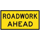 Roadwork Ahead TM1-1C 1200x600mm corflute sign panel with black ROADWORK AHEAD legend over two lines on a yellow retroreflective background with black border