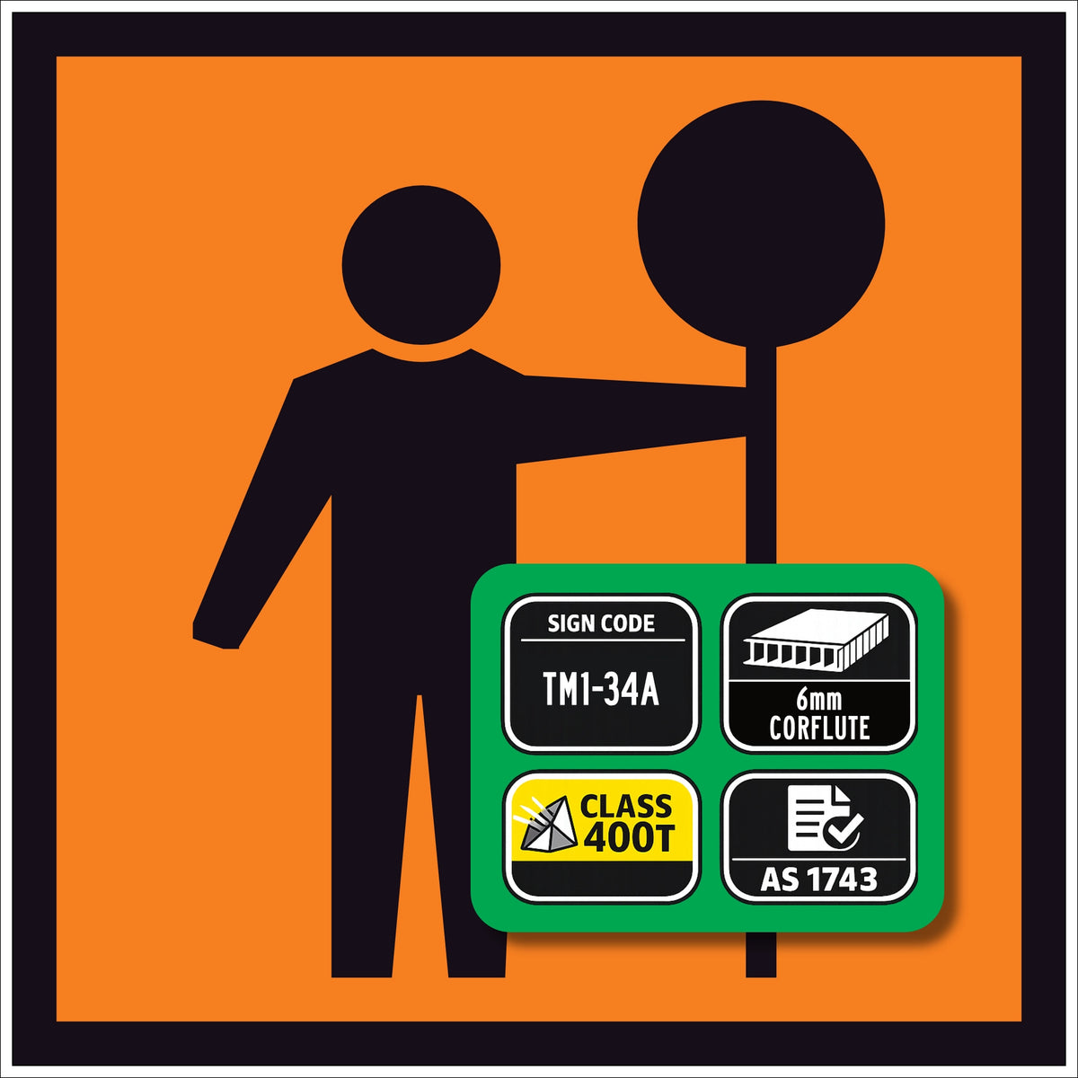TM1-34A Safety sign with a person holding a stop sign and certification details on an orange background