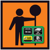 TM1-34A Safety sign with a person holding a stop sign and certification details on an orange background