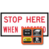 tm1-35c Safety sign with 'Stop Here When Directed' text and certification logos on a white background