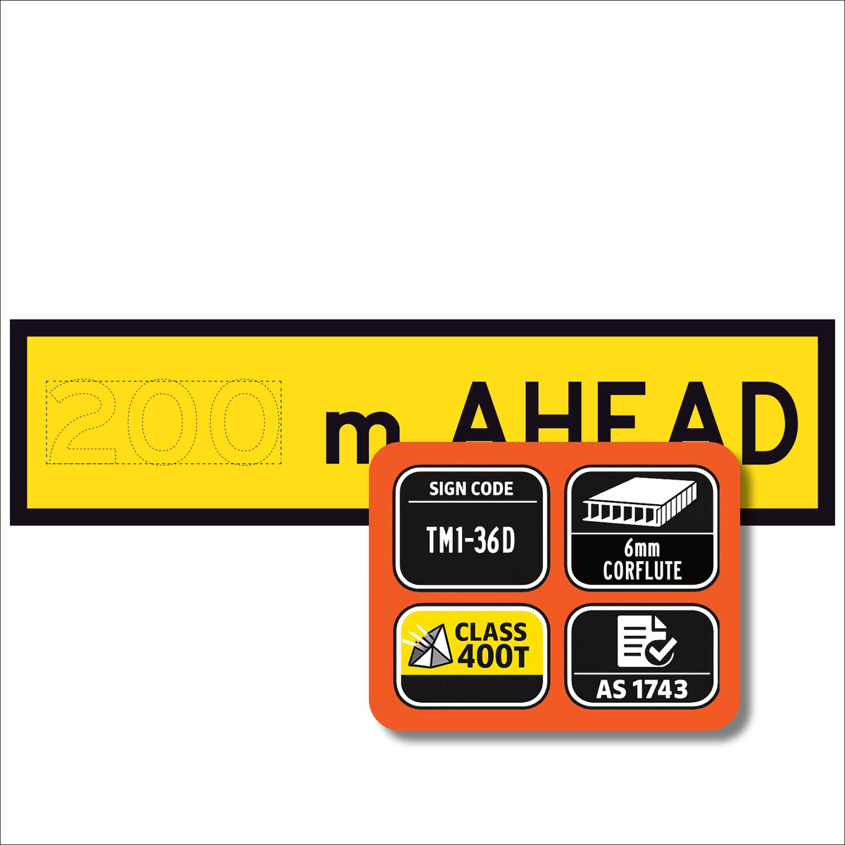 2 km Ahead TM1-36B 1200x300mm corflute sign panel with black 2 km AHEAD text and border on yellow retroreflective background