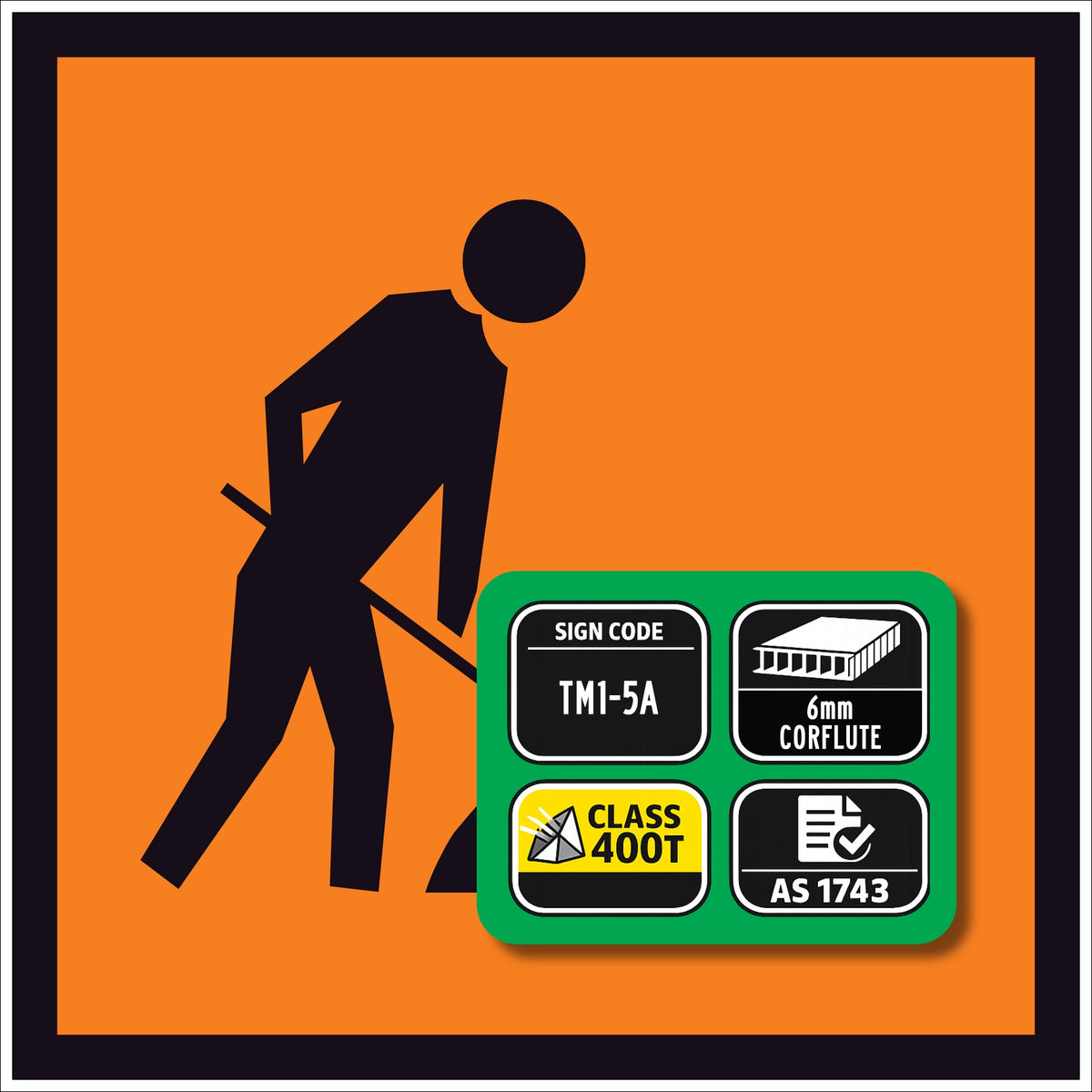 Workers Symbolic TM1-5A 600x600mm corflute sign panel with black worker pictogram on fluorescent orange retroreflective background