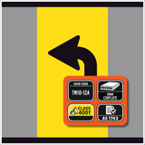 TM10-12A lane status sign with a black arrow on a yellow background, featuring various certification logos and text.