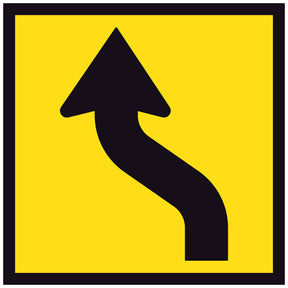 Lane Shifts Left TM10-15A 600x600mm corflute sign panel, black offset lane shift arrow jogging to the left on yellow retroreflective background with black border