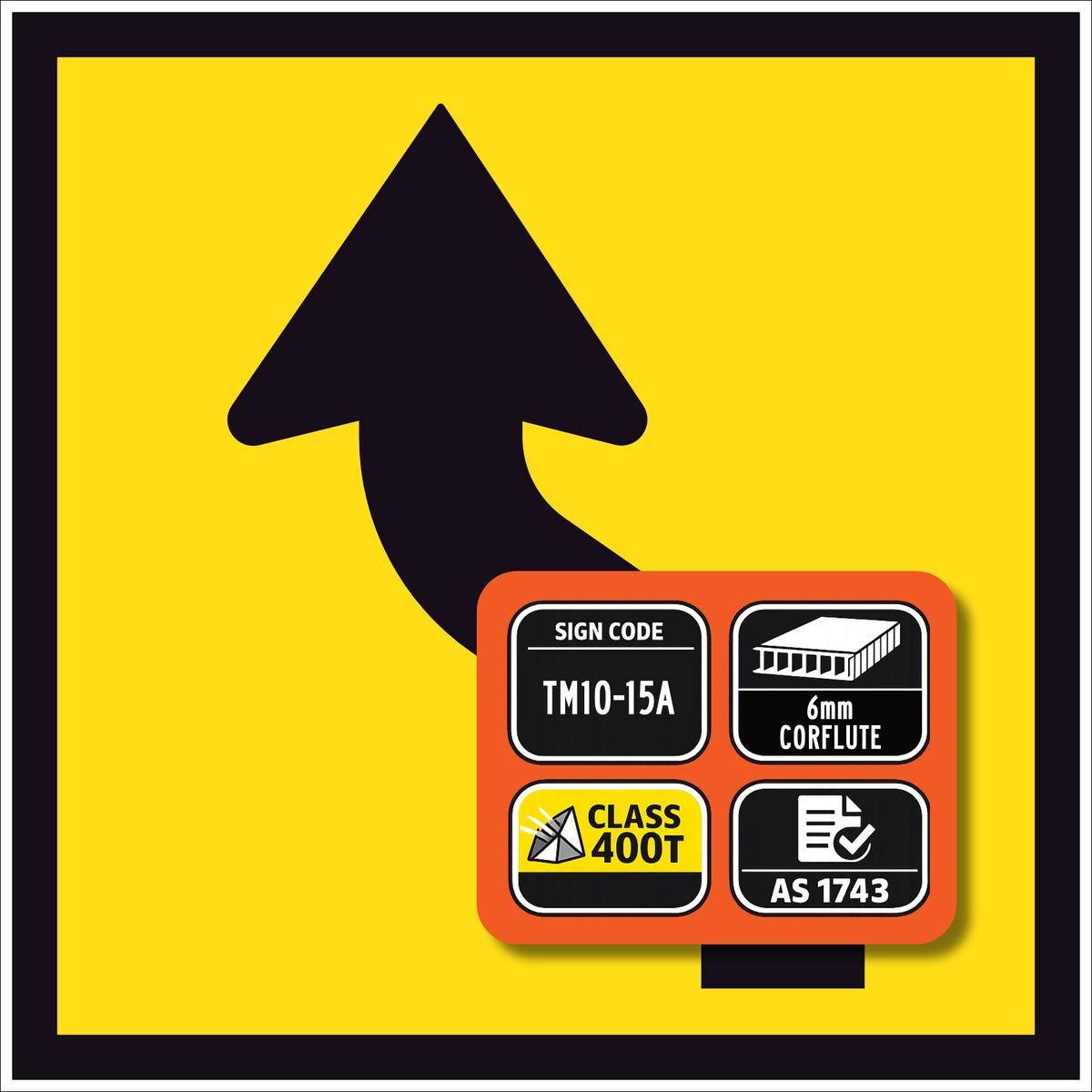 Lane Shifts Left TM10-15A corflute sign panel with spec badge showing sign code TM10-15A, 6mm corflute, Class 400T sheeting and AS 1743