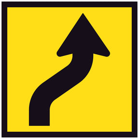 Lane Shifts Right TM10-16A 600x600mm corflute sign panel, black offset lane shift arrow jogging to the right on yellow retroreflective background with black border