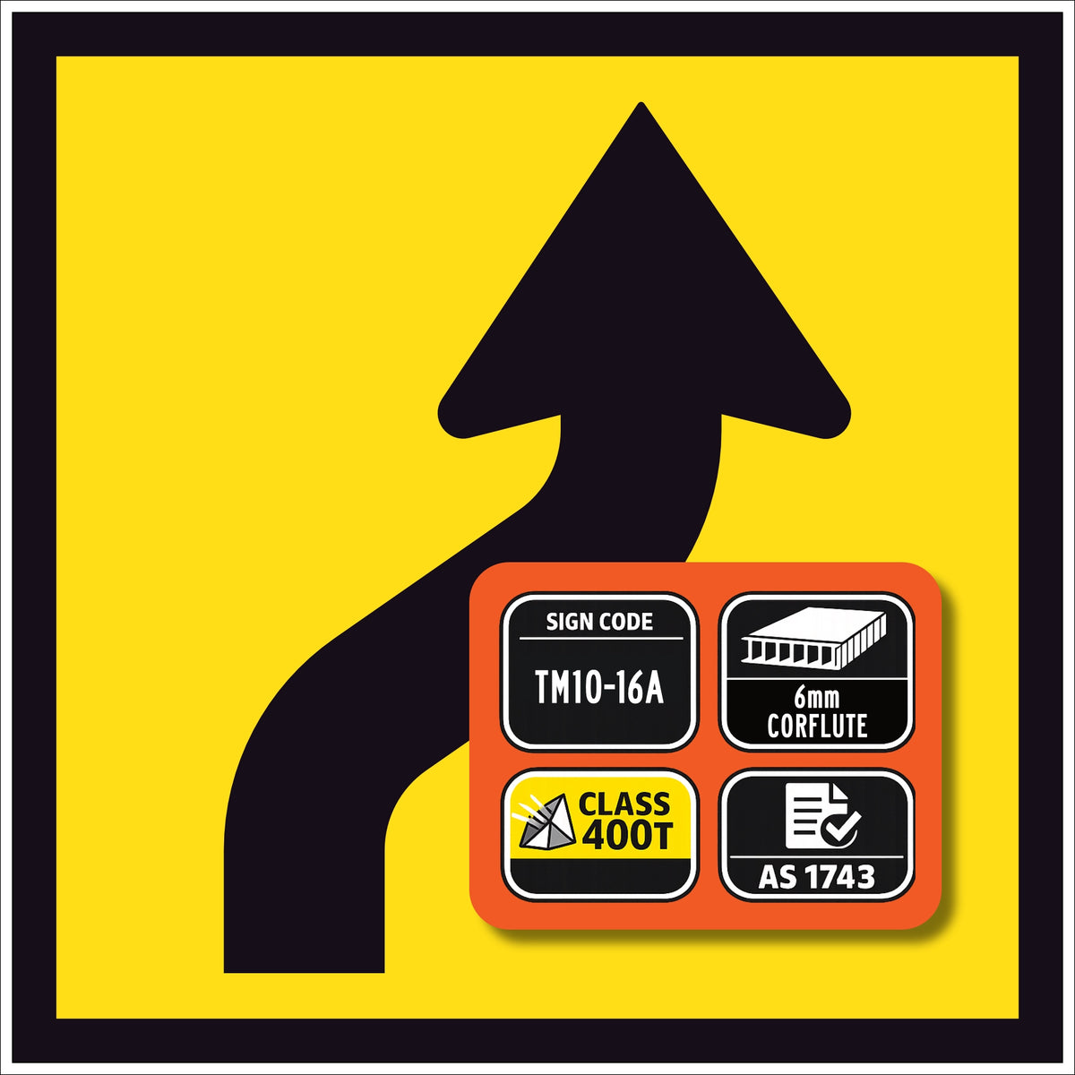 Lane Shifts Right TM10-16A corflute sign panel with spec badge showing sign code TM10-16A, 6mm corflute, Class 400T sheeting and AS 1743