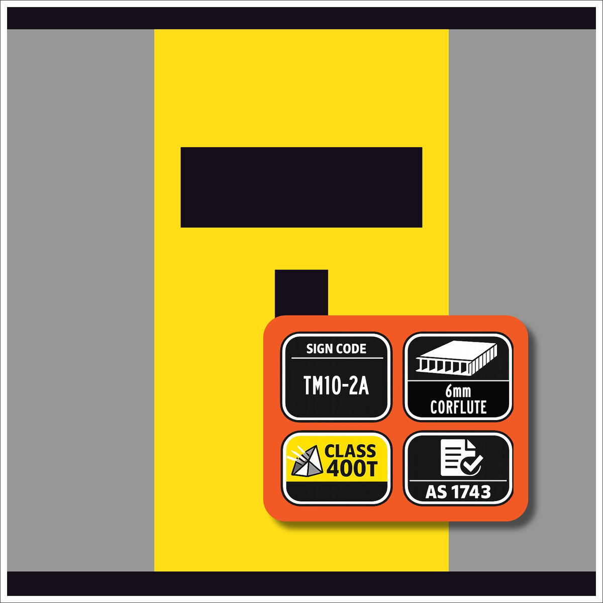TM10-2A Lane Closed Ahead T symbolic – black symbol on retroreflective yellow – 300×600mm corflute sign panel.