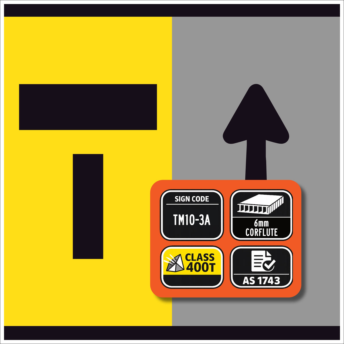 TM10-3A Left Lane Closed Ahead T symbolic and Right Lane Open – black symbol on retroreflective yellow – 300×600mm corflute sign panel.