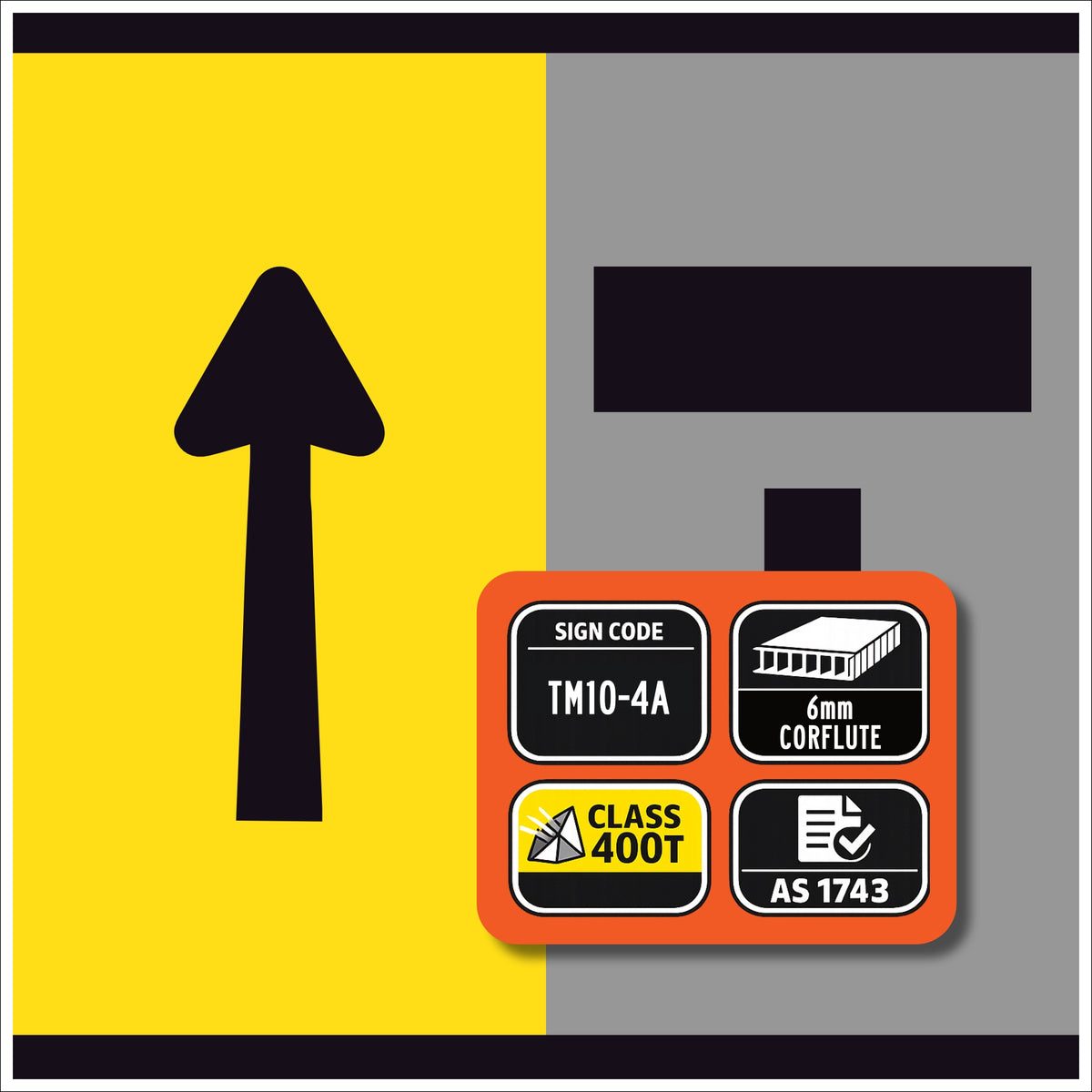 TM10-4A Left Lane Open Ahead and Right Lane Closed Ahead T symbolic – black symbol on retroreflective yellow – 300×600mm corflute sign panel.