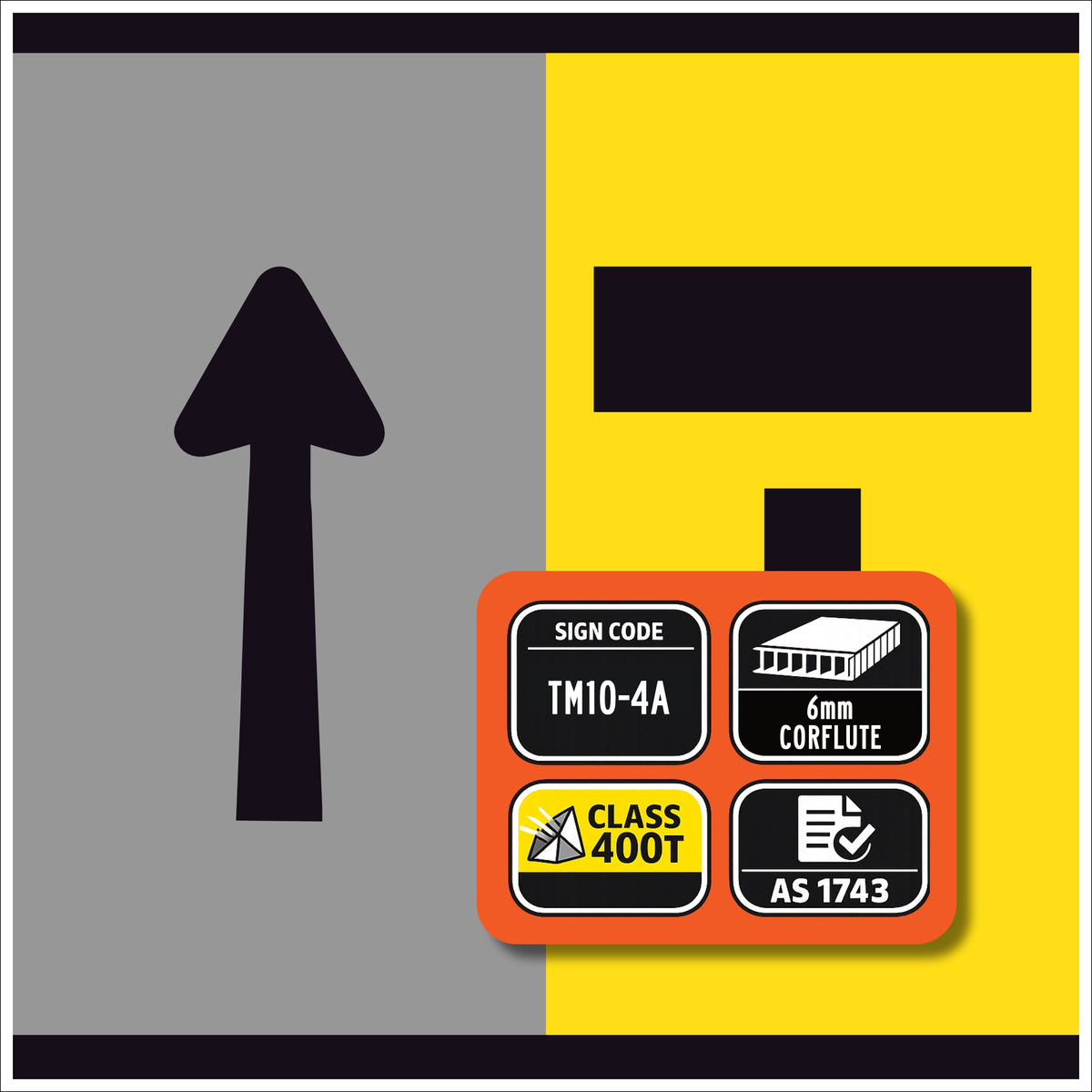 TM10-4A Left Lane Open Ahead and Right Lane Closed Ahead T symbolic – black symbol on retroreflective yellow – 300×600mm corflute sign panel.