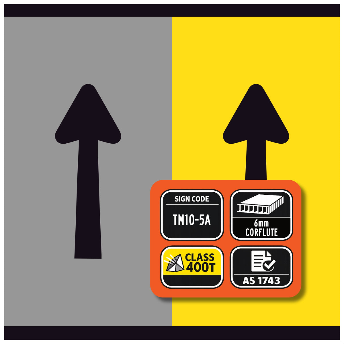 TM10-5A Left Lane Open Ahead and Right Lane Open Ahead – black symbol on retroreflective yellow – 300×600mm corflute sign panel.