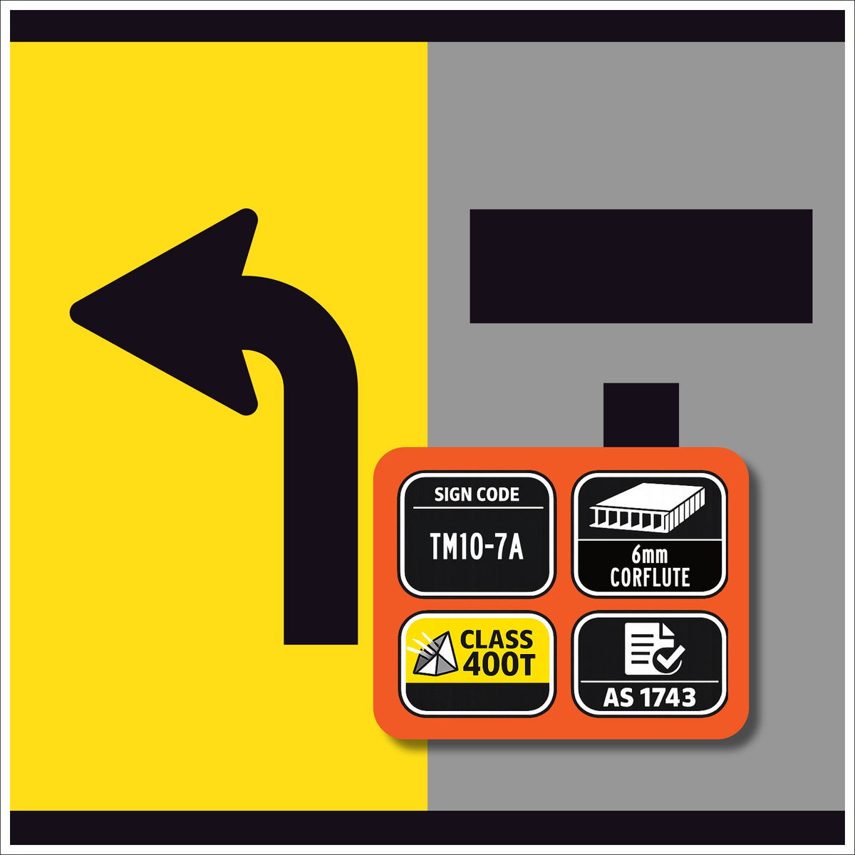 TM10-7A Lane status Traffic sign with a black arrow on a yellow background and additional information on an orange panel.