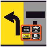 TM10-7A Lane status Traffic sign with a black arrow on a yellow background and additional information on an orange panel.