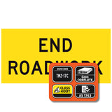 TM2-17C End roadwork sign with certification logos on a yellow background