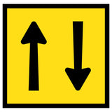 Two Way Traffic TM2-24A 600x600mm corflute sign panel with black opposing arrows on yellow retroreflective background