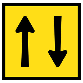 Two Way Traffic TM2-24A 600x600mm corflute sign panel with black opposing arrows on yellow retroreflective background