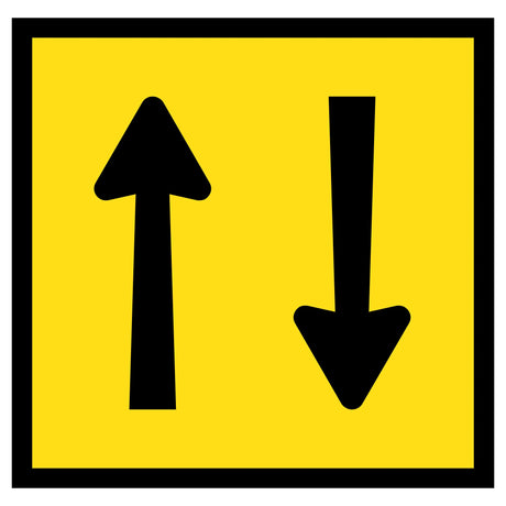 Two Way Traffic TM2-24A 600x600mm corflute sign panel with black opposing arrows on yellow retroreflective background