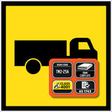 Trucks TM2-25A 600x600mm corflute sign panel with black truck symbol and border on yellow retroreflective background