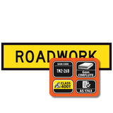 Roadwork sign with certification details on a white background