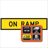 On Ramp TM2-38B 1200x300mm corflute sign panel with black ON RAMP text and border on yellow retroreflective background
